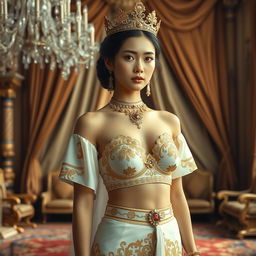 A 19-year-old beautiful young woman with an ideal, proportional body, portraying the role of a Javanese queen