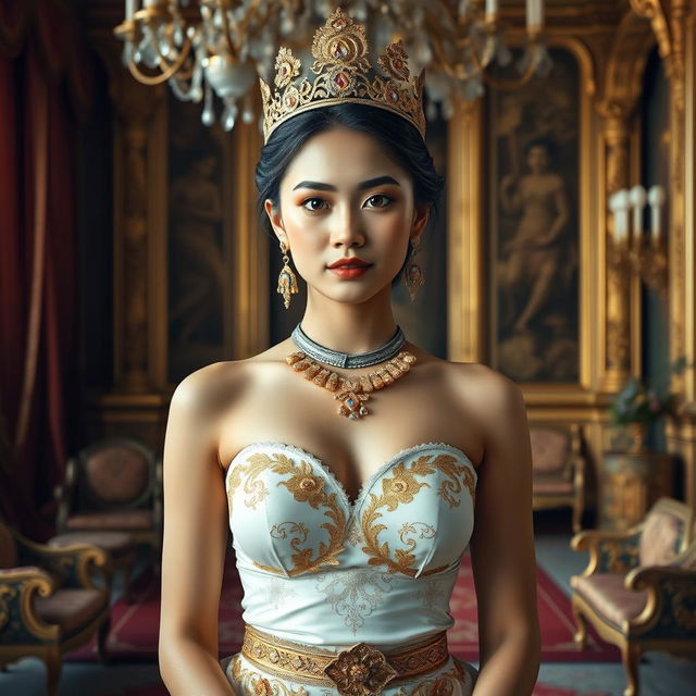 A 19-year-old beautiful young woman with an ideal, proportional body, portraying the role of a Javanese queen