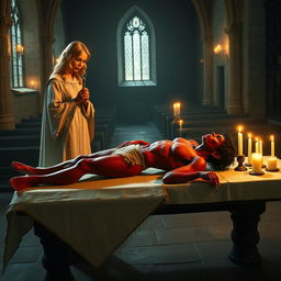 A skinny red male tiefling with dark hair is lying on a table in an empty medieval church, wearing only a loincloth around his groin