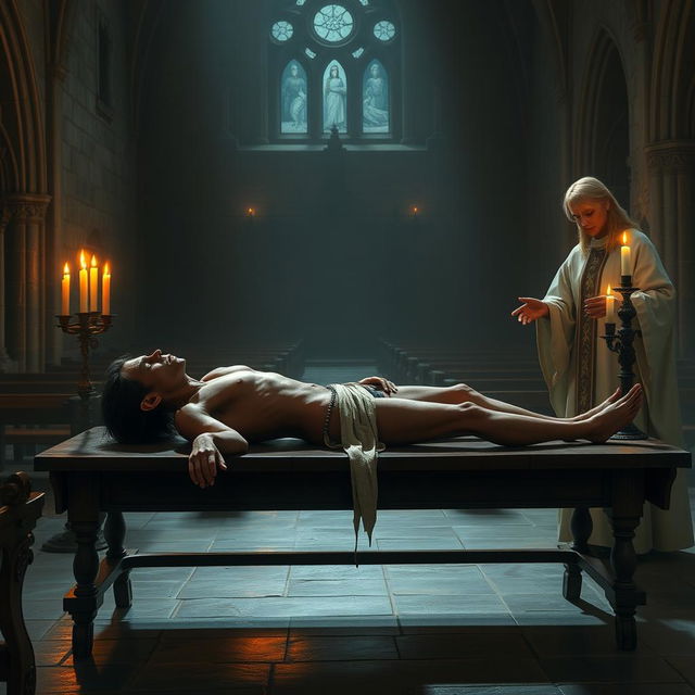 A skinny red male tiefling with dark hair is lying on a table in an empty medieval church, wearing only a loincloth around his groin