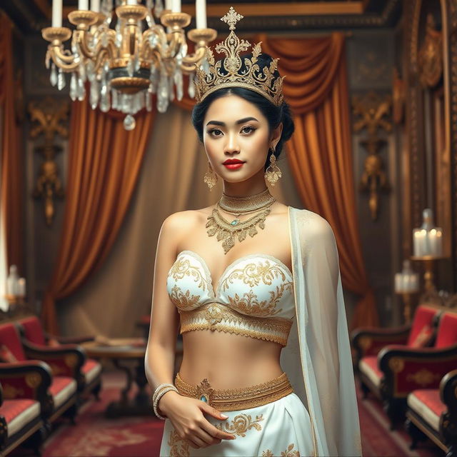 A young and beautiful 19-year-old Javanese queen with an ideal proportional body, exhibiting features such as an oval face with elongated cheekbones, fair skin, a prominent nose, and small, thin lips