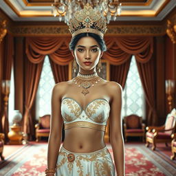 A young and beautiful 19-year-old Javanese queen with an ideal proportional body, exhibiting features such as an oval face with elongated cheekbones, fair skin, a prominent nose, and small, thin lips