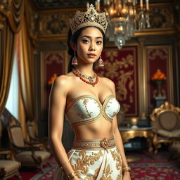 A young and beautiful 19-year-old Javanese queen with an ideal proportional body, exhibiting features such as an oval face with elongated cheekbones, fair skin, a prominent nose, and small, thin lips