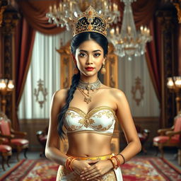 A young and beautiful 19-year-old Javanese queen with an ideal proportional body, exhibiting features such as an oval face with elongated cheekbones, fair skin, a prominent nose, and small, thin lips