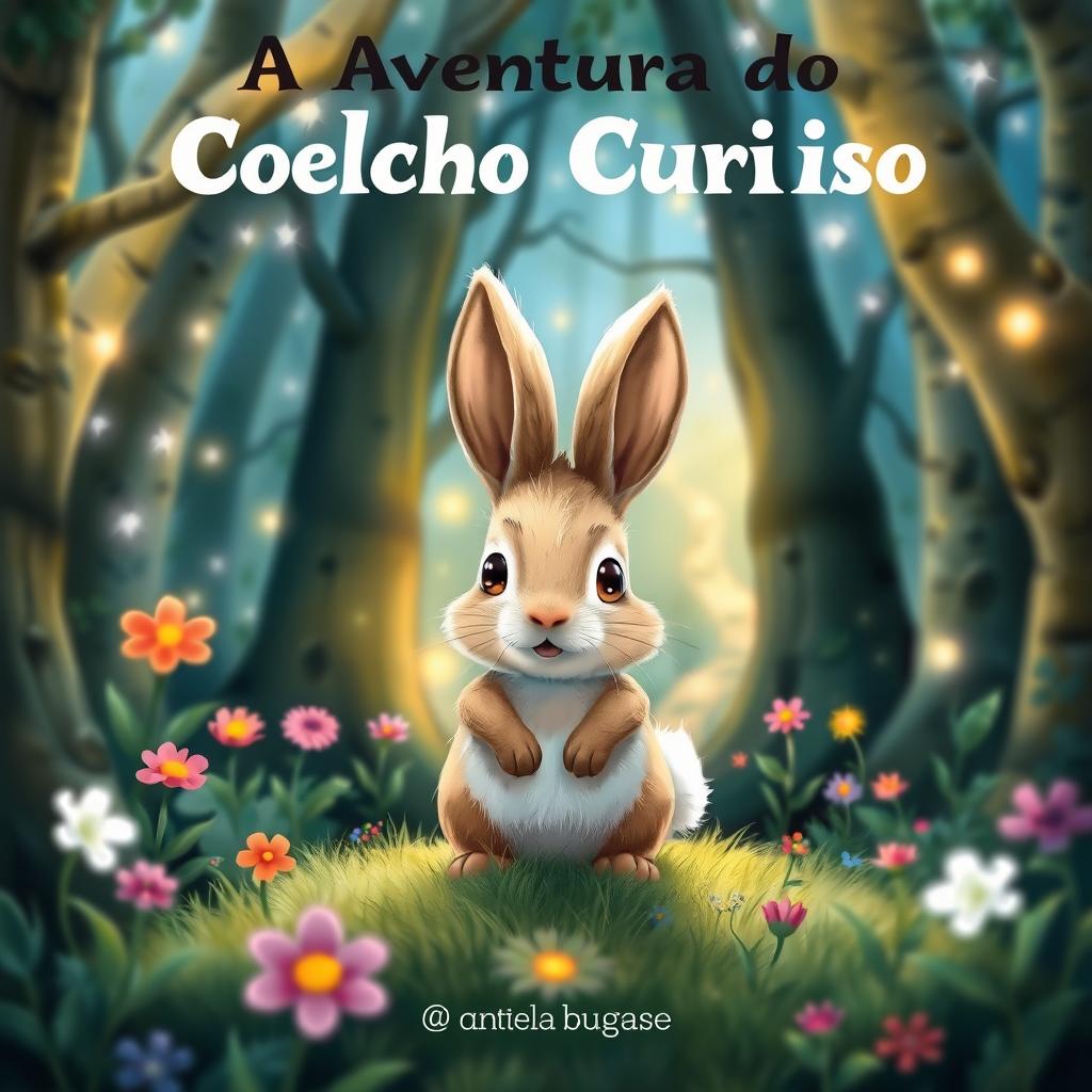 A whimsical and enchanting book cover for "A Aventura do Coelho Curioso" featuring a curious rabbit with big eyes and fluffy fur standing in a magical forest