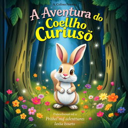 A whimsical and enchanting book cover for "A Aventura do Coelho Curioso" featuring a curious rabbit with big eyes and fluffy fur standing in a magical forest