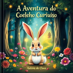 A whimsical and enchanting book cover for "A Aventura do Coelho Curioso" featuring a curious rabbit with big eyes and fluffy fur standing in a magical forest