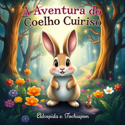 A whimsical and enchanting book cover for "A Aventura do Coelho Curioso" featuring a curious rabbit with big eyes and fluffy fur standing in a magical forest