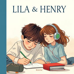 A cover illustration featuring a young boy sketching, intensely focused, while a girl with headphones watches him with a mix of intrigue and empathy