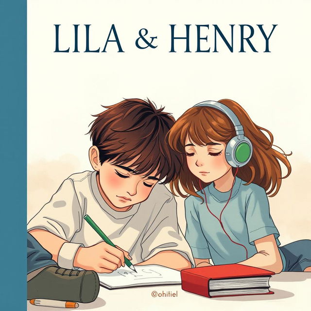 A cover illustration featuring a young boy sketching, intensely focused, while a girl with headphones watches him with a mix of intrigue and empathy