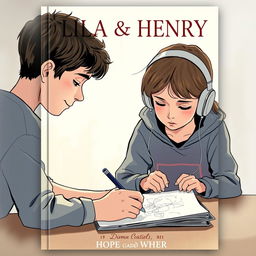 A cover illustration featuring a young boy sketching, intensely focused, while a girl with headphones watches him with a mix of intrigue and empathy