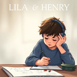 A cover illustration featuring a young boy sketching, intensely focused, while a girl with headphones watches him with a mix of intrigue and empathy