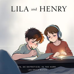 A cover illustration featuring a young boy sketching, intensely focused, while a girl with headphones watches him with a mix of intrigue and empathy