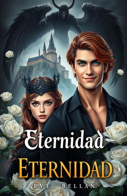 A captivating book cover for 'Eternidad', featuring a stunning half-human, half-witch girl and a tall half-human, half-angel man