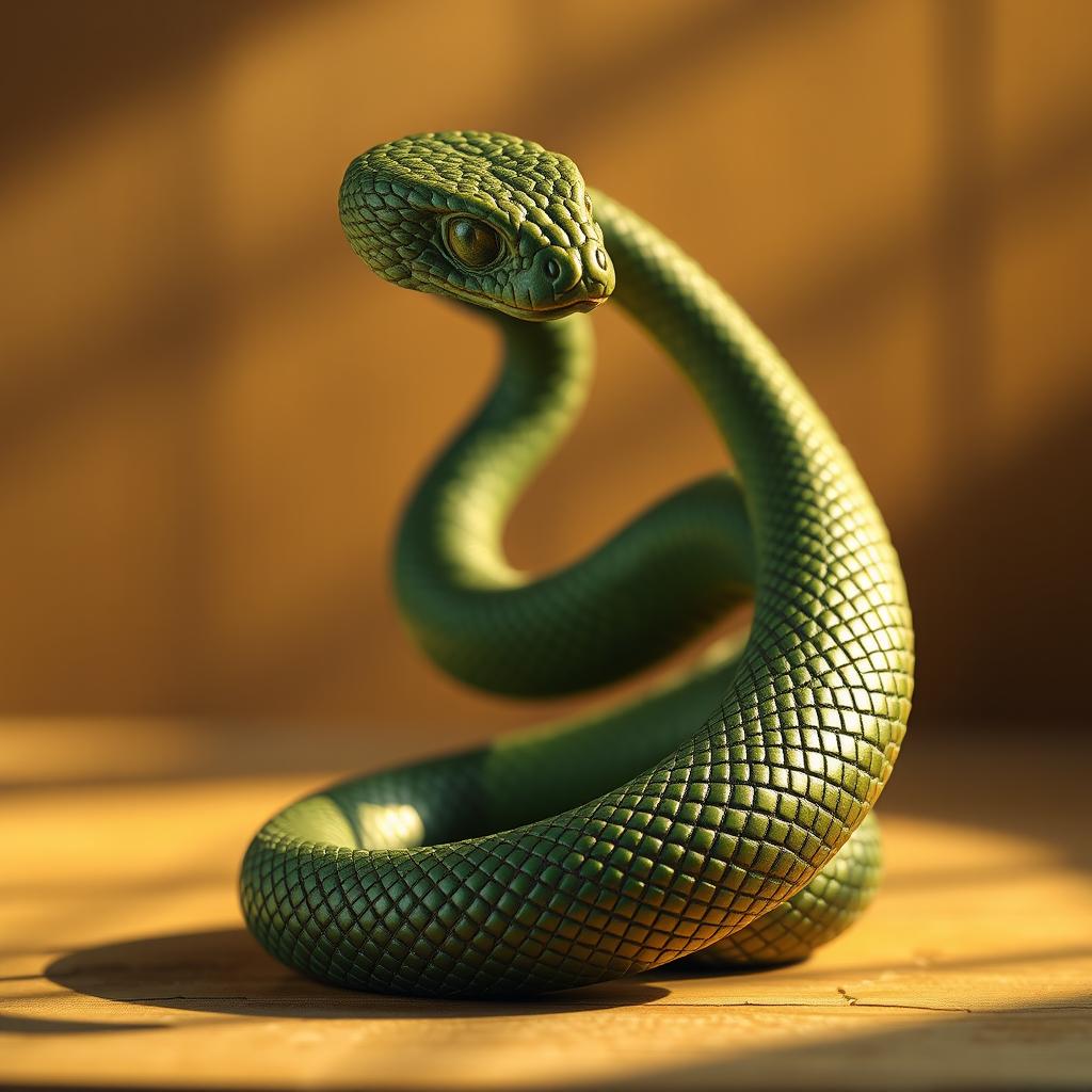 A majestic green wooden snake coiled elegantly, symbolizing the year 2025