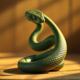 A majestic green wooden snake coiled elegantly, symbolizing the year 2025