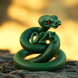 A majestic green wooden snake coiled elegantly, symbolizing the year 2025