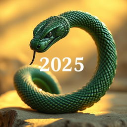 A majestic green wooden snake coiled elegantly, symbolizing the year 2025