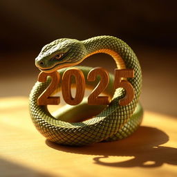 A majestic green wooden snake coiled elegantly, symbolizing the year 2025