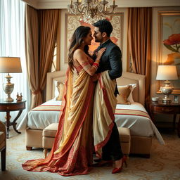 A romantic scene in a luxurious hotel room, featuring a glamorous model in a muga, cream, and red colored chadar, red mekhela blouse, and high heels