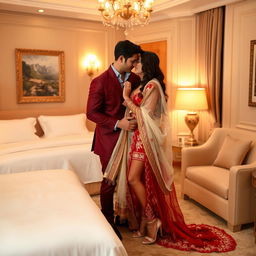 A romantic scene in a luxurious hotel room, featuring a glamorous model in a muga, cream, and red colored chadar, red mekhela blouse, and high heels