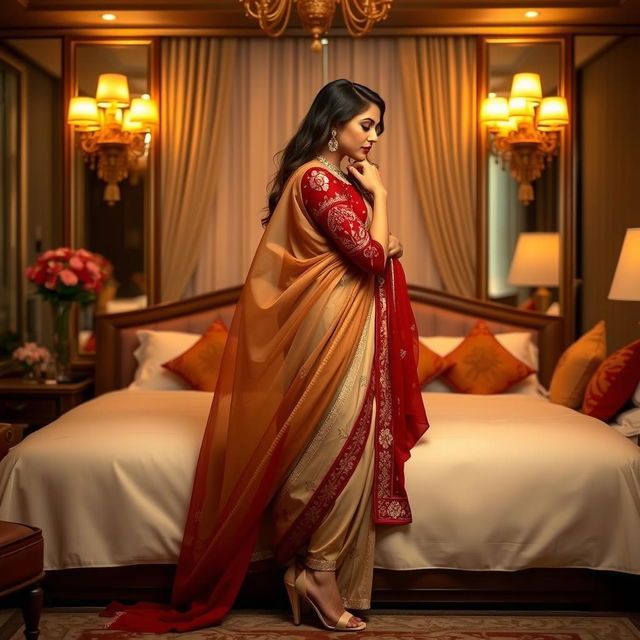 A romantic scene in a luxurious hotel room, featuring a glamorous model in a muga, cream, and red colored chadar, red mekhela blouse, and high heels