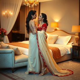 A romantic scene in a luxurious hotel room, featuring a glamorous model in a muga, cream, and red colored chadar, red mekhela blouse, and high heels