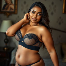 A beautiful 25-year-old Surinamese woman in lingerie, showcasing her voluptuous figure with a confident and alluring expression