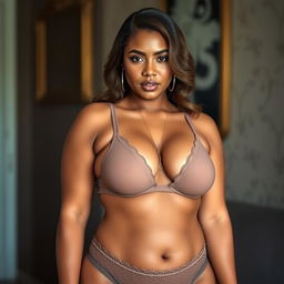 A beautiful 25-year-old Surinamese woman in lingerie, showcasing her voluptuous figure with a confident and alluring expression