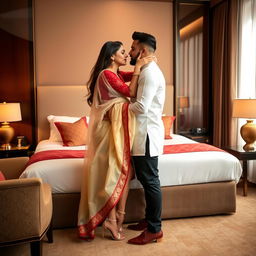 A romantic and intimate scene in a stylish hotel room, featuring a glamorous model in a muga, cream, and red colored chadar, red mekhela blouse, and high heels