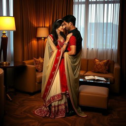 A romantic and intimate scene in a stylish hotel room, featuring a glamorous model in a muga, cream, and red colored chadar, red mekhela blouse, and high heels