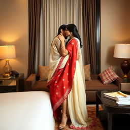 A romantic and intimate scene in a stylish hotel room, featuring a glamorous model in a muga, cream, and red colored chadar, red mekhela blouse, and high heels