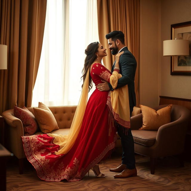 A romantic and intimate scene in a stylish hotel room, featuring a glamorous model in a muga, cream, and red colored chadar, red mekhela blouse, and high heels