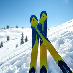 a pair of high-performance skis designed for speed, featuring a sleek aerodynamic design with a vibrant blue and yellow color scheme, set on a snowy mountain slope under a clear blue sky