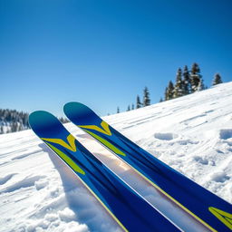 a pair of high-performance skis designed for speed, featuring a sleek aerodynamic design with a vibrant blue and yellow color scheme, set on a snowy mountain slope under a clear blue sky