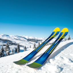 a pair of high-performance skis designed for speed, featuring a sleek aerodynamic design with a vibrant blue and yellow color scheme, set on a snowy mountain slope under a clear blue sky