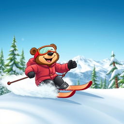 a cartoonish bear expertly skiing down a snowy mountain, showcasing enthusiasm and skill