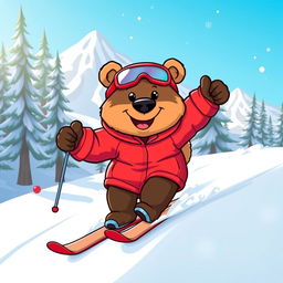 a cartoonish bear expertly skiing down a snowy mountain, showcasing enthusiasm and skill