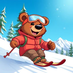 a cartoonish bear expertly skiing down a snowy mountain, showcasing enthusiasm and skill