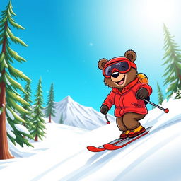 a cartoonish bear expertly skiing down a snowy mountain, showcasing enthusiasm and skill