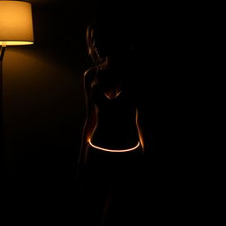 A stunning and evocative silhouette of a woman in a swimsuit, illuminated by the light of a lamp in a completely dark space