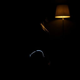 A stunning and evocative silhouette of a woman in a swimsuit, illuminated by the light of a lamp in a completely dark space