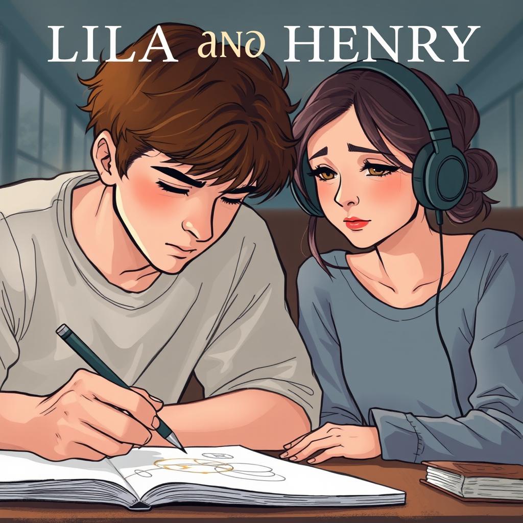 A cover illustration featuring a young adult man sketching, intensely focused, while a young adult woman with headphones watches him with a mix of intrigue and empathy