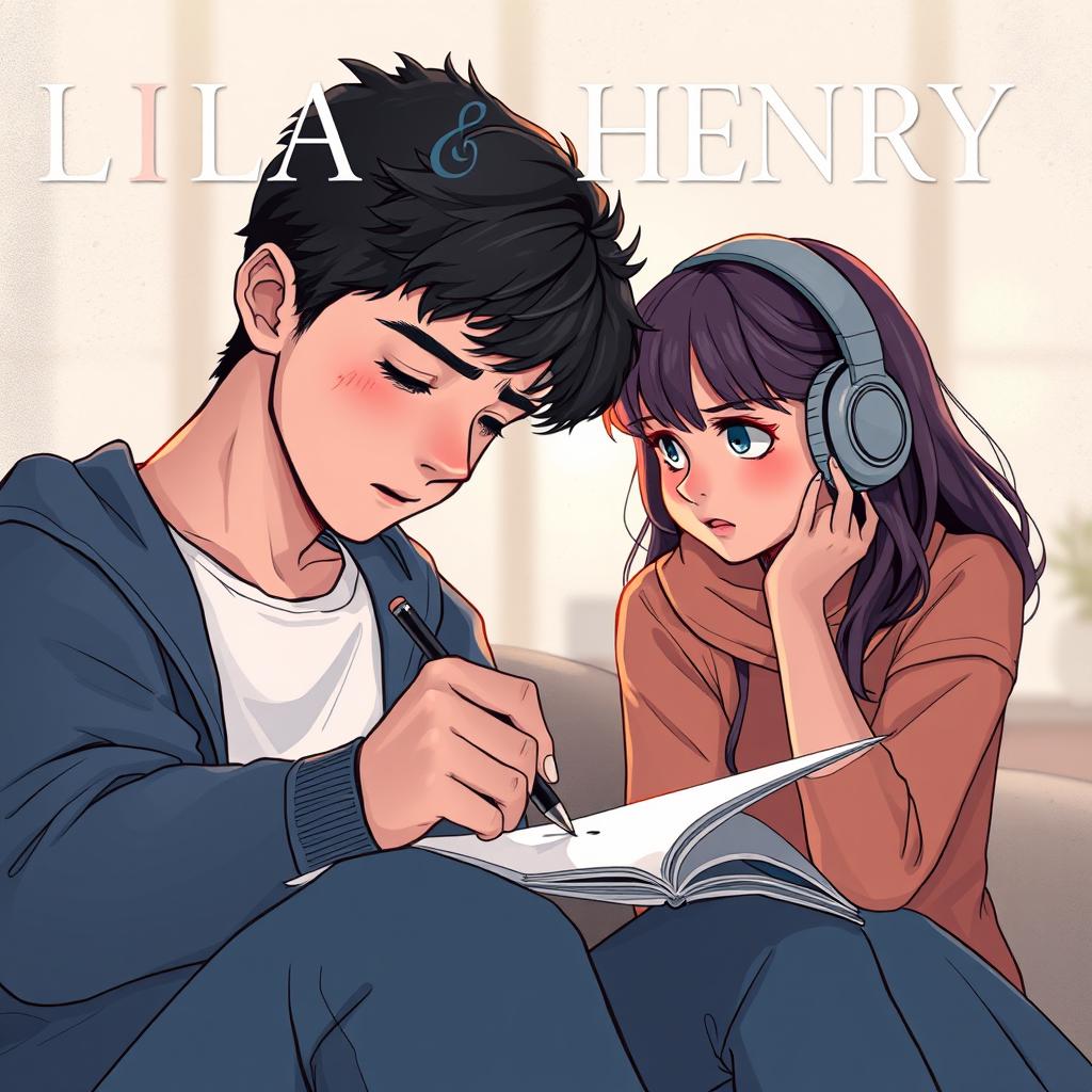 A cover illustration featuring a young adult man sketching, intensely focused, while a young adult woman with headphones watches him with a mix of intrigue and empathy