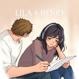 A cover illustration featuring a young adult man sketching, intensely focused, while a young adult woman with headphones watches him with a mix of intrigue and empathy