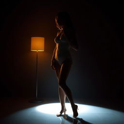 An artistic and realistic photo capturing the illuminated silhouette of a woman in a swimsuit, highlighted by the light from a lamp in a completely dark space