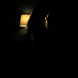 An artistic and realistic photo capturing the illuminated silhouette of a woman in a swimsuit, highlighted by the light from a lamp in a completely dark space