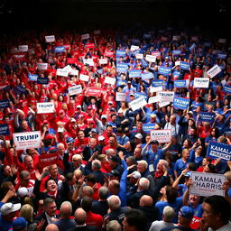 A vibrant scene depicting a huge crowd of Americans divided into two groups, each passionately supporting different political figures