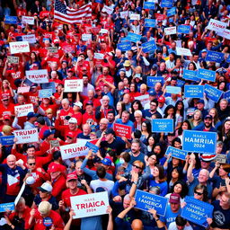 A vibrant scene depicting a huge crowd of Americans divided into two groups, each passionately supporting different political figures