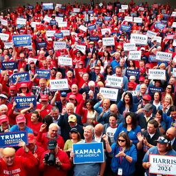 A vibrant scene depicting a huge crowd of Americans divided into two groups, each passionately supporting different political figures